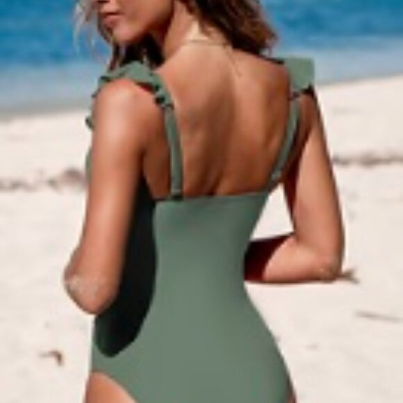 CupShe Wm's Ruffled One Piece V- Neck Lace Up Swimsuit Olive Sz Small - Picture 5 of 8